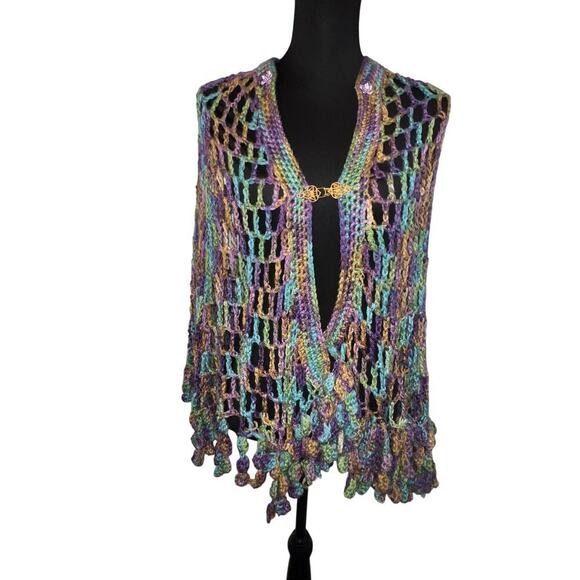 Open knit crochet pastel bobble gold-tone clasp hand knitted Gypsy Girl Shawl - Picture 2 of 8